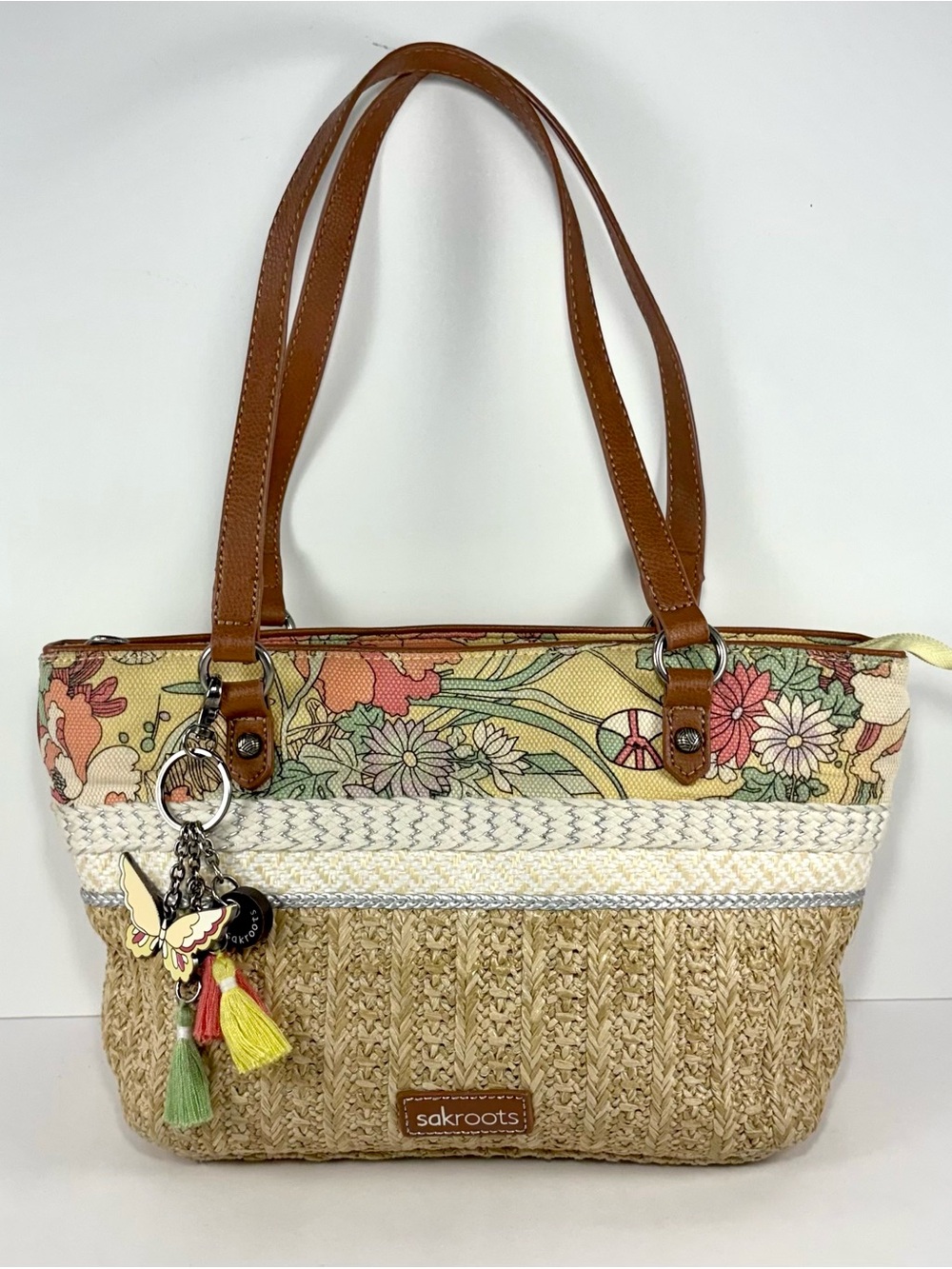 Sakroots Ellis Small Satchel Tote Shoulder Bag Yellow Floral W/ Bag Charm- READ